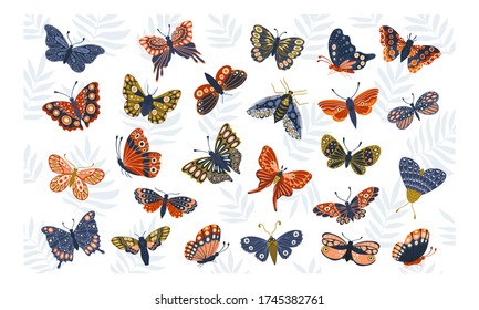 Vector spring collection of butterflies. Decoration print for surface pattern, wrapping, wallpaper, fabric, textile. Spring background.