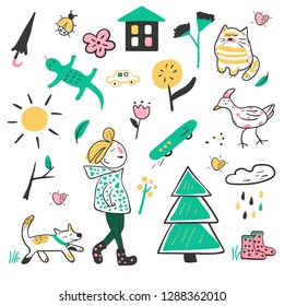 Vector spring collection of pictures depicting a boy and his things, flowers, birds and animals.