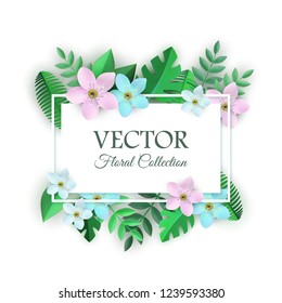 Vector spring collection poster with white frame blue pink white flowers with leaves pattern. Beautiful abstract blooming floral for romantic decoration wedding marriage or dating card vintage design