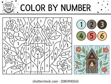 Vector spring color by number activity with chick in a birdhouse. Easter holiday coloring and counting game with cute bird. Funny coloration page for kids with nestling box, leaves, flowers 
