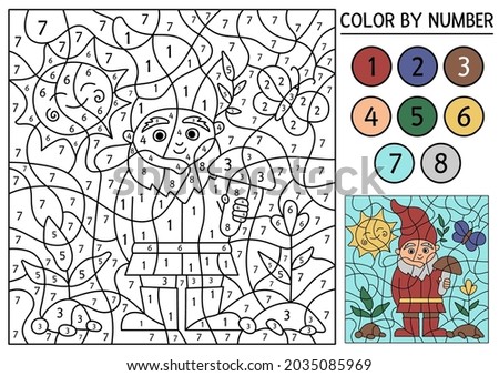 Vector spring color by number activity with gnome, sun, baby plants and butterfly. Garden counting game with cute dwarf. Funny farm or nature scene coloring page for kids. 

