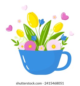 Vector spring composition. Bouquet of tulips and meadow flowers in blue cup isolated on white background. Spring clipart illustration for greeting card, stickers, badge