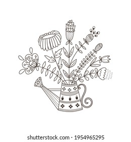 Vector spring composition with flowers in watering can. Spring or summer greeting card. Coloring Page
