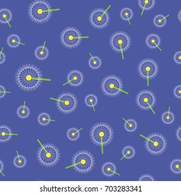 Vector Spring Dandelion Seamless Pattern on Blue Background