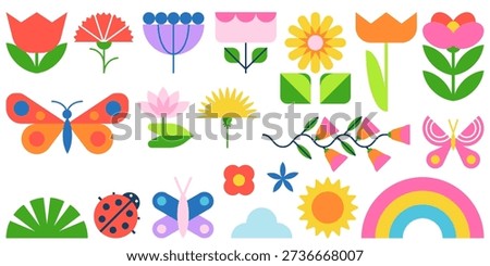Vector spring design elements set. Geometric flowers, butterflies, bugs, rainbow, sun. Modern colorful illustration for seasonal branding, pattern, invitation, packaging and creative kids projects