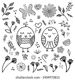 Vector spring doodle with birds, flowers, branches, butterfly, abstract elements on white background