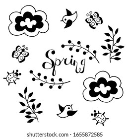 Vector spring doodle set with branches, clouds, butterflies, birds, bugs, black outline on a white background