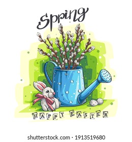 Vector spring easter greeting illustration with bunny and Salix caprea L in blue can