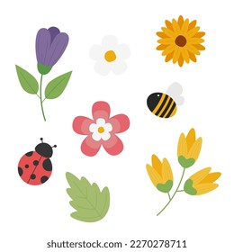vector spring elements collection. flowers and bees