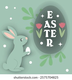 Vector spring Esther card with bunny, egg and plants