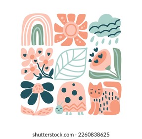 Vector spring ethnic logo composition pattern of rainbow, sun, cloud leaf, cat flower, ladybug. Cute boho illustration in hand drawn constructor in square for scandinavian greeting card.