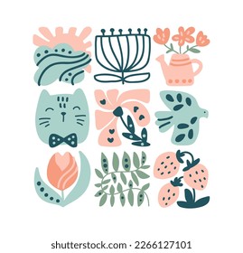 Vector spring ethnic logo composition pattern of bird, flower, leaf, strawberry and branch. Cute boho illustration in hand drawn constructor in square for tile mosaic scandinavian greeting card.