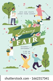 Vector Spring Fair Poster, Flyer Or Banner Or Banner Template With People Enjoying Their Time Outdoors In Park. Spring Holiday Season Recreation And Public Event