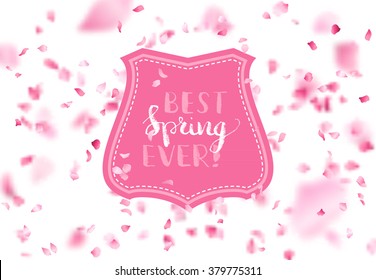 Vector spring falling petals background. A lot of petals fall down on white background. Pink badge in the center. There is place for your text.