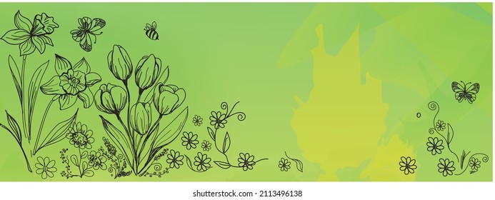 Vector spring floral background with daffodils and tulips with copy space for text - bright vivid banners, posters, cover templates, social media stories wallpaper with spring leaves and flowers