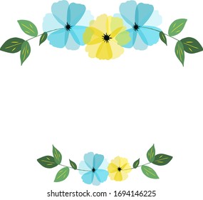 Vector spring floral composition, frame, template, decorative elements. Yellow and blue flowers and green leaves.