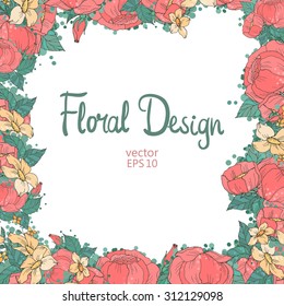 Vector Spring floral frame. Pink Hand Drawn Peonies Border On White Background With Place For text. Good For Web, Invitations, Greeting and Save The Date Cards.