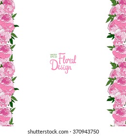 Vector Spring floral frame. Pink Hand Drawn Peonies Border On White Background With Place For text. Good For Web, Invitations, Greeting and Save The Date Cards.