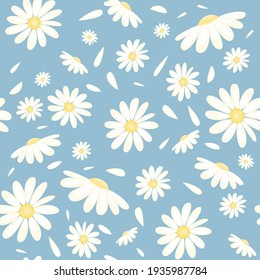 Vector spring floral pattern with camomile on light blue background