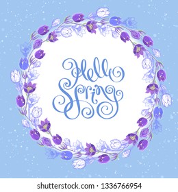 Vector spring floral wreath with hand-drawn pasque flowers. Botanical drawing of perennial poisonous flowering pulsatilla plantused in traditional medicine or phytotherapy. Colored realistic floral