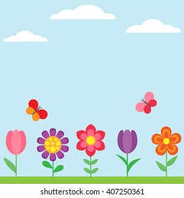 Vector spring flower background with flowers and butterflies