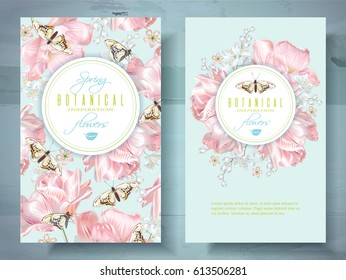 Vector spring flower banners with pink tulips and butterflies. Elegant tender design for natural cosmetics, perfume, beauty shop. With place for text.Can be used as greeting card or wedding invitation