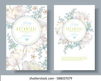 Vector spring flower banners with white tulips on white background. Elegant spring design for natural cosmetics, perfume. With place for text. Can be used as greeting card or wedding invitation