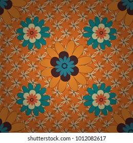 Vector spring flower seamless pattern in blue, orange and beige colors. This design can be used for packaging cosmetics, perfumes, greeting or wedding background.