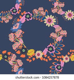 Vector spring flower seamless pattern in orange, beige and blue colors. This design can be used for packaging cosmetics, perfumes, greeting or wedding background.