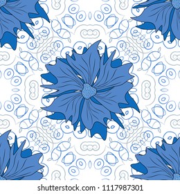 Vector spring flower seamless pattern in black, white and blue colors. This design can be used for packaging cosmetics, perfumes, greeting or wedding background.