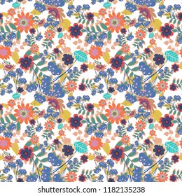 Vector spring flower seamless pattern in blue, beige and white colors. This design can be used for packaging cosmetics, perfumes, greeting or wedding background.