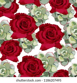 Vector spring flower seamless pattern with succulents and red roses. Elegant tender design. Can be used as greeting, wedding background. Best for fabric. Green flowers texture. White background.