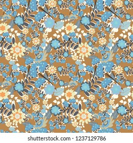 Vector spring flower seamless pattern in brown, blue and gray colors. This design can be used for packaging cosmetics, perfumes, greeting or wedding background.