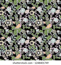 Vector spring flower seamless pattern in violet, black and green colors. This design can be used for packaging cosmetics, perfumes, greeting or wedding background.