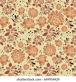 Vector spring flower seamless pattern with succulents. Elegant tender design for natural cosmetics, perfume, florist shop. Can be used as greeting, wedding background.Best for fabric. Flowers texture.
