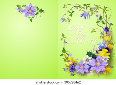 Vector spring flowers background.With an inscription happy mother's day.Composition of the delicious spring flowers for design of postcards, brochures, banners, flyers, on a plain surface
