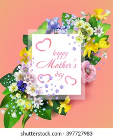 Vector spring flowers background.With an inscription happy mother's day.Composition of the delicious spring flowers for design of postcards, brochures, banners, flyers, on a plane surface