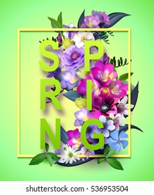 Vector spring flowers background.With an inscription spring. Composition of the delicious spring flowers for design of postcards, brochures, banners, flyers, on a plain surface