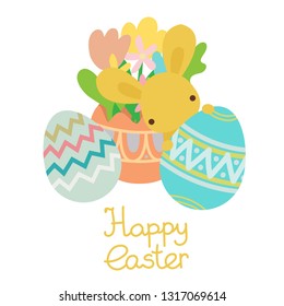 Vector spring flowers with eggs with rabbit.