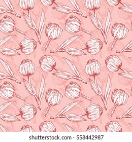 Vector Spring flowers. Flower tulip. Floral seamless pattern. Vintage background with Hand Drawn Tulips. Ink pen drawing