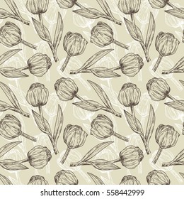 Vector Spring flowers. Flower tulip. Floral seamless pattern. Vintage background with Hand Drawn Tulips. Ink pen drawing