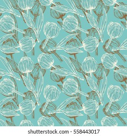 Vector Spring flowers. Flower tulip. Floral seamless pattern. Vintage background with Hand Drawn Tulips. Ink pen drawing