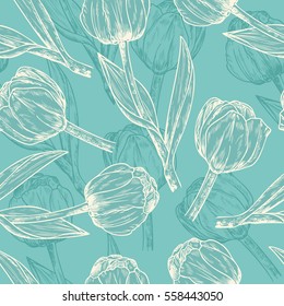 Vector Spring flowers. Flower tulip. Floral seamless pattern. Vintage background with Hand Drawn Tulips. Ink pen drawing