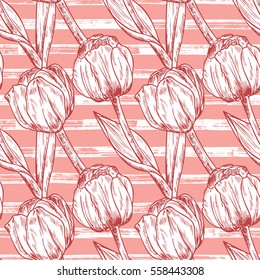 Vector Spring flowers. Flower tulip. Floral seamless pattern. Vintage background with Hand Drawn Tulips. Ink pen drawing