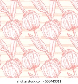 Vector Spring flowers. Flower tulip. Floral seamless pattern. Vintage background with Hand Drawn Tulips. Ink pen drawing