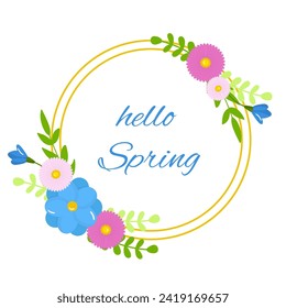 Vector spring flowers frame, wreath. Round frame with tulips and summer flowers isolated on white background. Spring illustration
