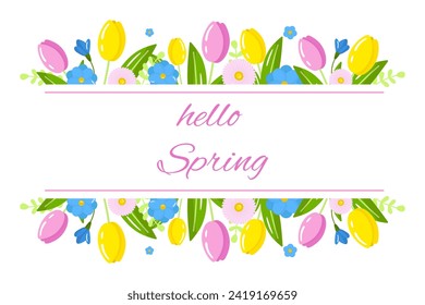 Vector spring flowers frame, wreath, border, banner template. Frame with tulips and summer flowers isolated on white background. Spring illustration.