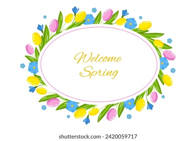 Vektor Frühlingsblumen Rahmen, Kranz. Runder Rahmen mit Tulpen und Sommerblumen einzeln auf weißem Hintergrund. Frühlingsgrafik