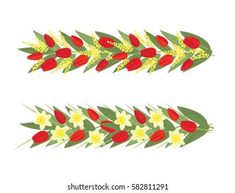 Vector spring flowers garland with red tulips, daffodils and Acacia dealbata on white background. For web design, greeting and invitation, congratulation, Women day. Can be connected in a longer strip