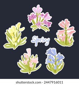 Vector spring flowers hyacinths stickers. Botanical design in hand-drawn style. Decorative flowers for vintage designs.